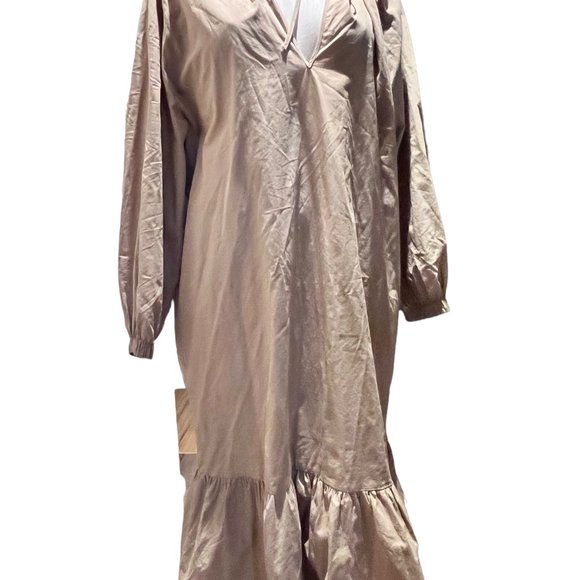 Zara Beige Poplin Hooded Large Midi Dress with V-neckline - Picture 4 of 9